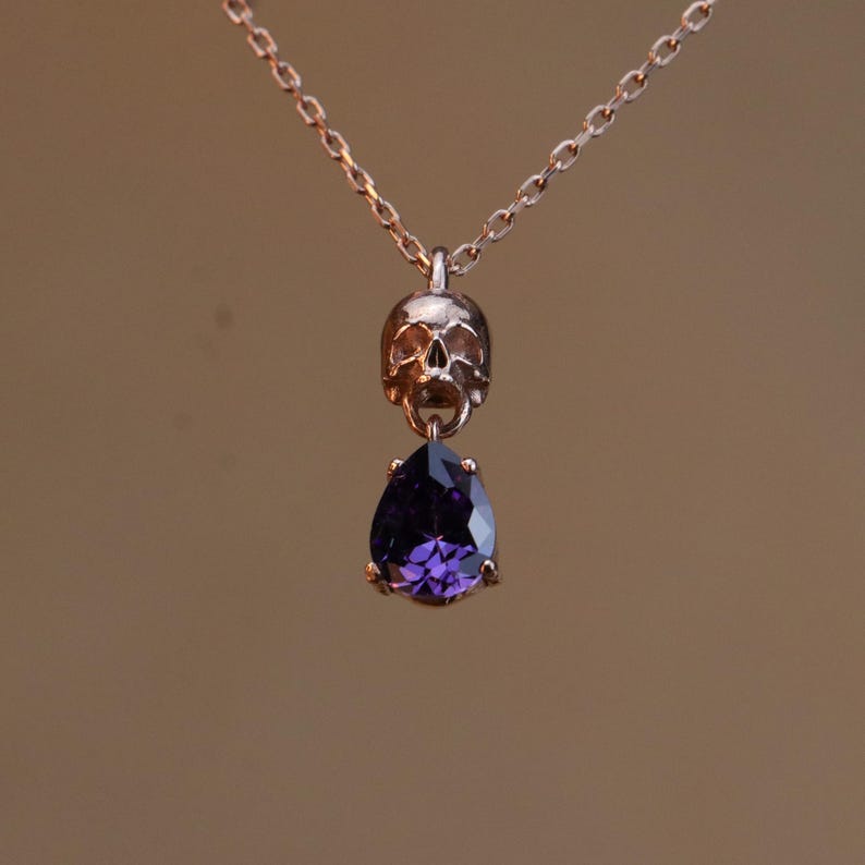 May include: A silver necklace with a skull pendant and a teardrop-shaped purple gemstone.