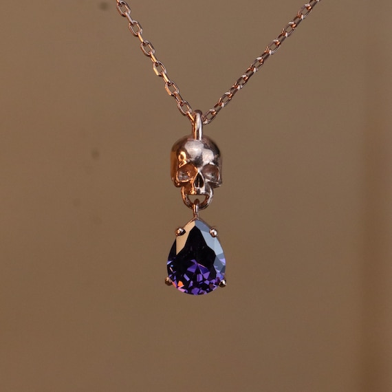 Memento Mori Birthstone Necklace, 14k Rose Gold Skull, Minimalist Skull Necklace, Drop Cut Amethyst Stone, Gothic Necklace, Death Jewelry