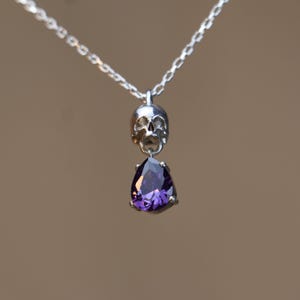 May include: A silver chain necklace with a skull pendant and a dangling pear-shaped purple gemstone.