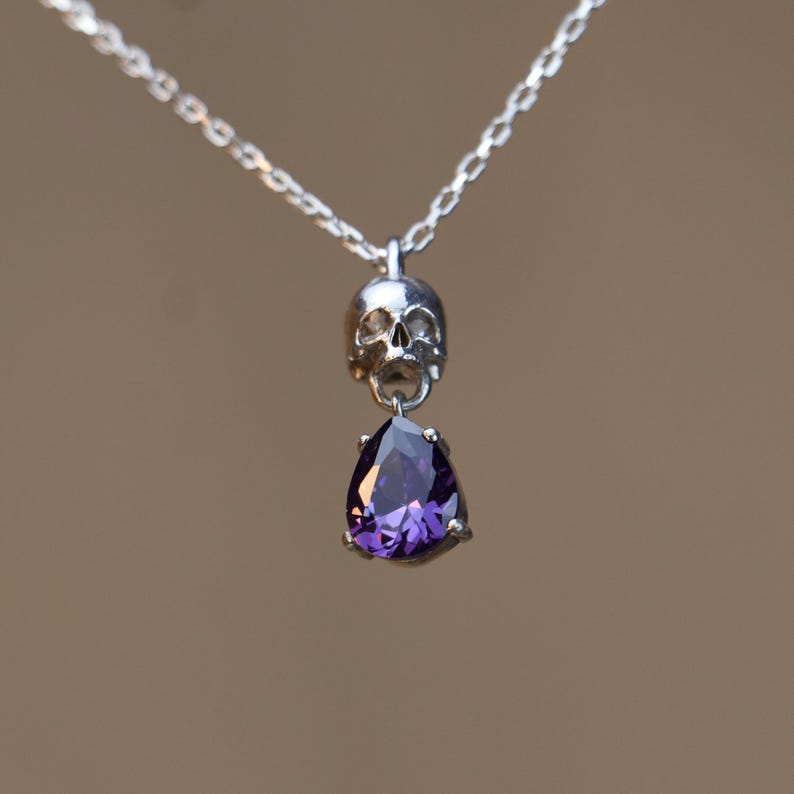 May include: A silver chain necklace with a skull pendant and a dangling pear-shaped purple gemstone.
