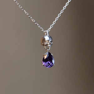 May include: A silver chain necklace with a silver skull pendant and a dangling purple gemstone.