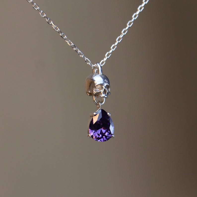 May include: A silver chain necklace with a silver skull pendant and a dangling purple gemstone.