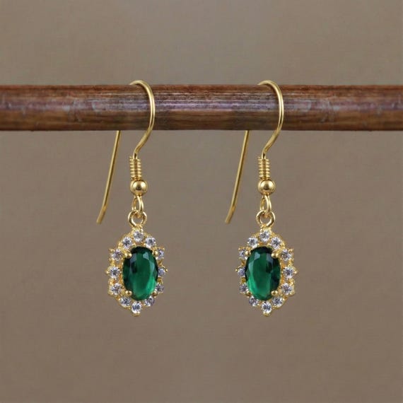 14k Gold Oval Emerald Diamond Earrings, May Birthstone