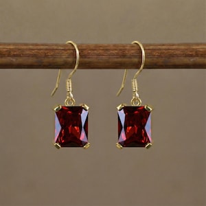 Garnet Earrings, Emerald Cut Dangle Earrings, 925 Sterling Silver Hoops, January Birthstone Jewelry, Rectangle Gemstone Gift