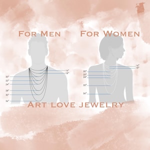 May include: A diagram showing different necklace lengths for men and women. The lengths are marked in inches, ranging from 16 to 36 inches. The text "ART LOVE JEWELRY" is displayed at the bottom of the image.