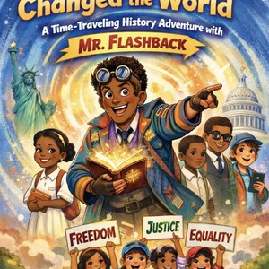 May include: Book cover illustration for "The Children Who Changed the World." The image features a diverse group of children and a man with goggles, holding signs that read "Freedom," "Justice," and "Equality." The book's title and author are prominently displayed.