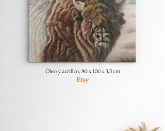 Majestic Bison - Técnica Mixta, Original painting on stretched 3D canvas  80 x 100 X 3,5 cm, impressive animal painting, ready to hang,