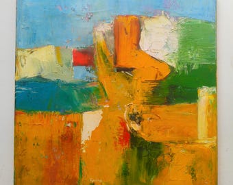 Little Red House in Cornfields - 40x40 cm Original Oil painting