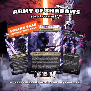 Puede incluir: Un anuncio del juego de cartas "Army of Shadows". La imagen presenta tres cartas coleccionables con arte de fantasía, incluyendo una pancarta de "Venta de primavera". Las cartas están etiquetadas con texto como "Criatura legendaria" y "Monarca de las sombras".