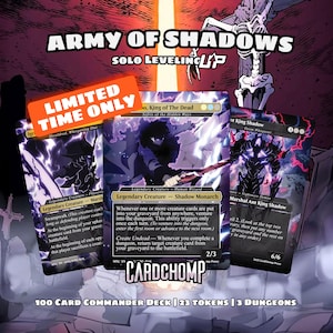 Puede incluir: Imagen promocional de un juego de cartas, con tres cartas coleccionables con arte de fantasía. Las cartas muestran personajes y texto, con una pancarta de oferta por tiempo limitado. El fondo incluye una ilustración de estilo cómic y el texto "Army of Shadows."