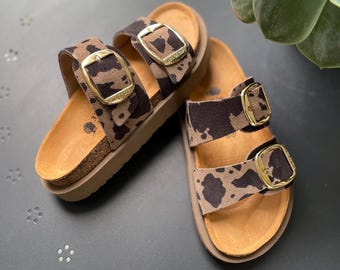 Handgefertigte Anatomische Kork Sohle Leder Hausschuhe mit Plattform Big Buckle Kuh Animal Print für Damen - Natürliche Orthopädische Schuhe