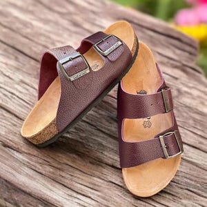 Land of Cork Terracotta Leather Cork Sandals Men Women Anatomical Double Buckle Slides | Unisex Real Leather Slippers Arch Support Comfort