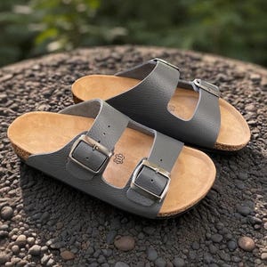 Land of Cork Gray Leather Cork Sandals Men Women Anatomical Double Buckle Slides | Unisex Real Leather Slippers Arch Support Comfort