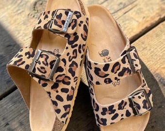 Leopard Print Cork Sandals – Anatomical Suede Arch Support Comfort