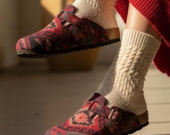 Pantofole con suola in sughero / Zoccoli unisex in feltro Kilim etnico con supporto plantare