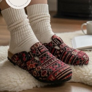 Pantuflas de fieltro Kilim / Suela de corcho, sandalias unisex con soporte para el arco plantar