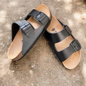 Land of Cork Black Leather Cork Sandals Men Women Anatomical Double Buckle Slides | Unisex Real Leather Slippers Arch Support Comfort Shoe