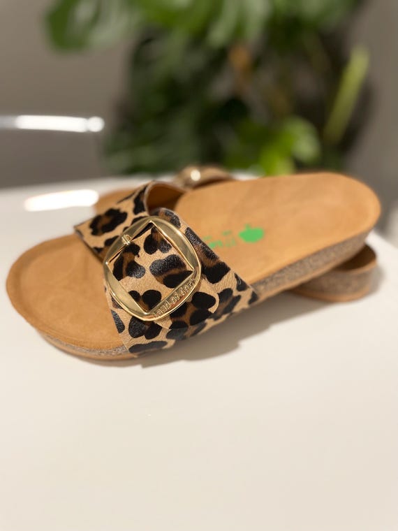 Handcrafted Leopard Leather Orthopedic Sandals with Cork Soles - Anatomical Comfort Slippers for Women