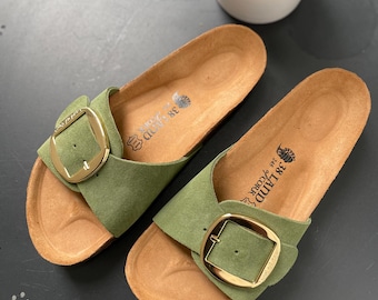 Pantofole anatomiche da donna in pelle con suola in sughero, realizzate a mano - Calzature ortopediche naturali
