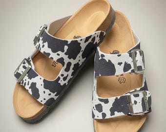 Cow Print Cork Sandals – Anatomical Suede Arch Support Comfort
