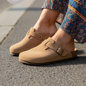 Suede Leather Clogs – Biscuit Color Cork Footbed, Unisex Shoes