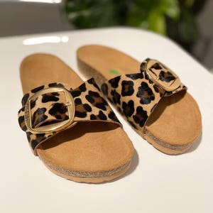 Pu&ograve; includere: Un paio di infradito con stampa leopardata e fibbia dorata. Le infradito hanno una piattaforma in sughero e un cinturino in pelle marrone.