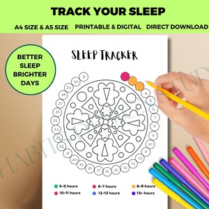 Può includere: Mandala di tracciamento del sonno stampabile con un design in bianco e nero. Il mandala è diviso in 31 sezioni, ciascuna rappresentante un giorno del mese. Le sezioni sono codificate a colori per indicare il numero di ore di sonno. I colori sono verde per 4-5 ore, rosa per 6-7 ore, arancione per 8-9 ore, blu per 10-11 ore e viola per 12-13 ore.