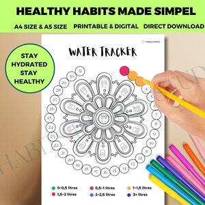 Puede incluir: Un rastreador de agua imprimible con un diseño de mandala floral. El rastreador tiene 31 círculos para colorear, que representan la ingesta diaria de agua. La clave de color indica la cantidad de agua consumida en litros: 0-0,5, 0,5-1, 1-1,5, 1,5-2, 2-2,5 y 3+.