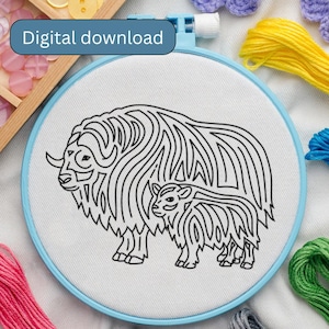 May include: A black and white line art embroidery hoop featuring a musk ox and calf. The design is on white fabric, set in a light blue hoop. The text "Digital download" is in a blue rectangle.