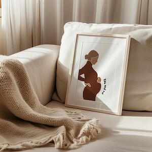 Póster de embarazo, pared de guardería, arte de tú y yo, regalo para futura mamá, baby shower, regalo de maternidad, barriga de bebé, mujer recién nacida con vestido marrón