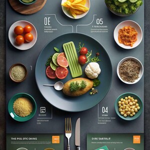 Può includere: Un'infografica colorata che illustra un'alimentazione sana con una varietà di cibi disposti su piatti e ciotole. L'infografica include i nomi degli alimenti e il loro valore nutrizionale. Il titolo dell'infografica è "Healthy Eating".