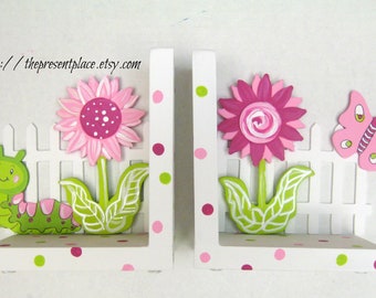 personalized caterpillar and butterfly bookends in pink