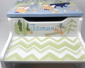 Personalized Wooden Step Stool, Forest Animal Design