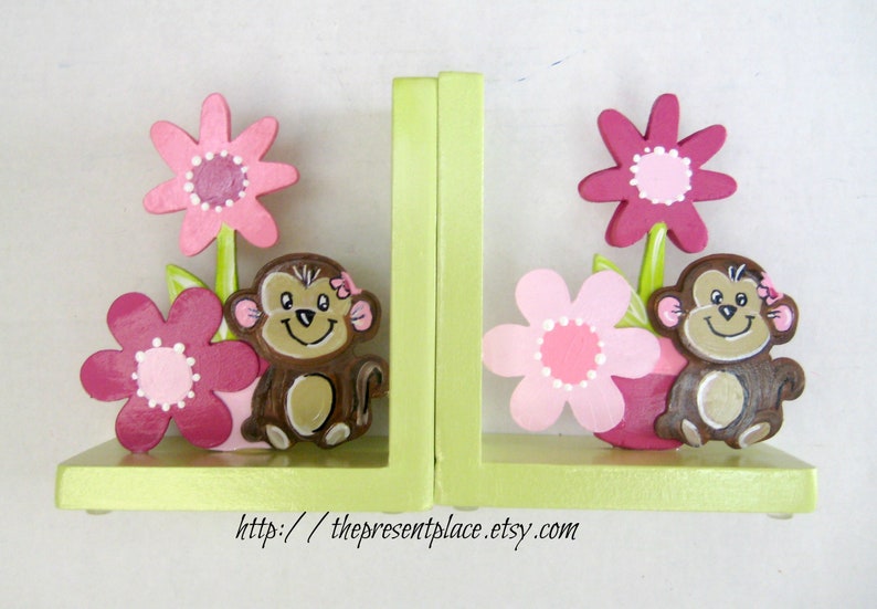 Personalized giraffe and elephant bookends with pink flowers image 5