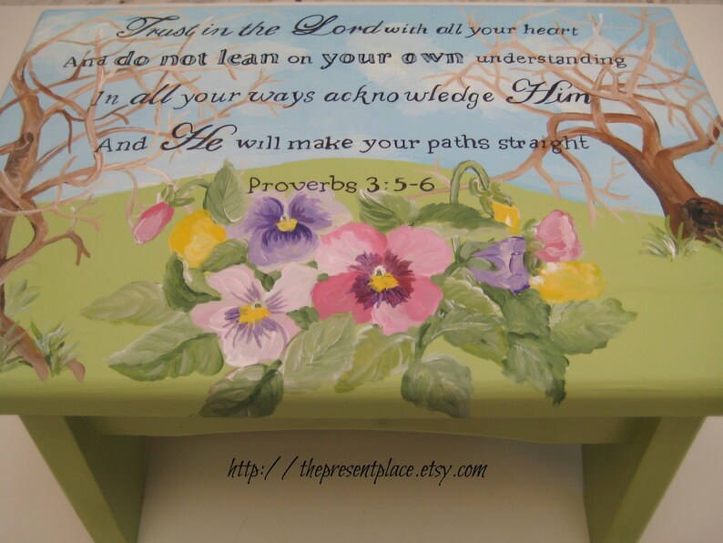 A hand painted step stool with bible verse and pansies,personalized