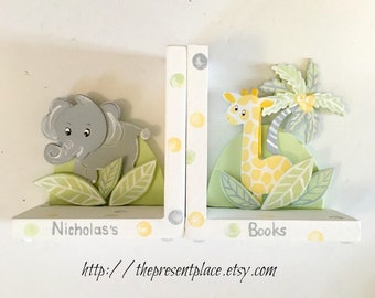 Personalized Jungle Bookends: Giraffe & Elephant Nursery Decor
