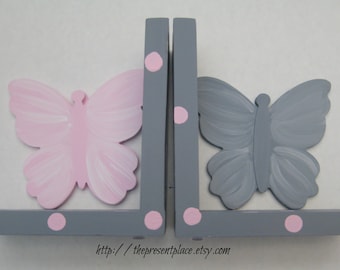 Personalized pink and grey butterfly bookends