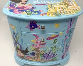 personalized blue jewelry box with mermaids and hanging space