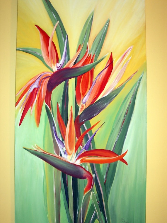 Oiseau De Paradis Art Original Acrylique Sur Toile Peinture Originale Peinture Acrylique Fleurs De Peinture Orange Fleur Floral Vif