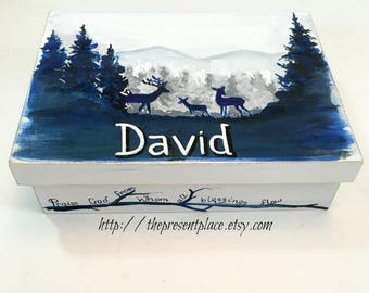 navy blue,grey,woodland,keepsake box,boy box,boy keepsake box,kids box,boys memory box,deer keepsake box,new baby gift,personalized gift