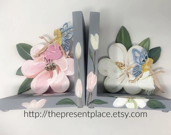 Personalized Magnolia Fairy bookends with flowers