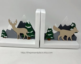 woodland bookends with a buck and a fox, mountains and trees