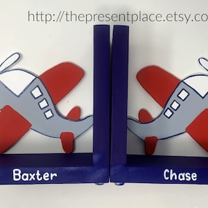 Airplane book ends,Boys bookends,personalized bookends,customized bookends,,navy, airplane decor,airplane theme,childrens bookends