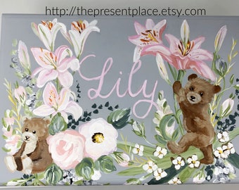 Girls grey step stool personalized with brown bears and pink lilies.