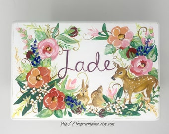 personalized white, wooden step stool with flowers, a deer and bunnies
