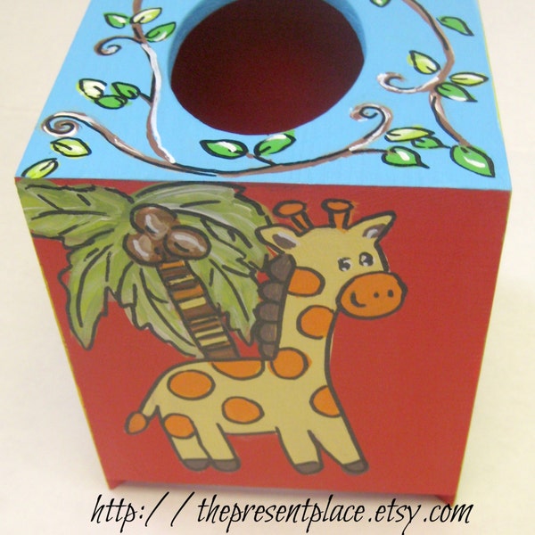 hand painted,tissue box,jungle decor,bright colors,jungle animals decor,jungle animals tissue box,nursery decor,giraffe,safari animal decor