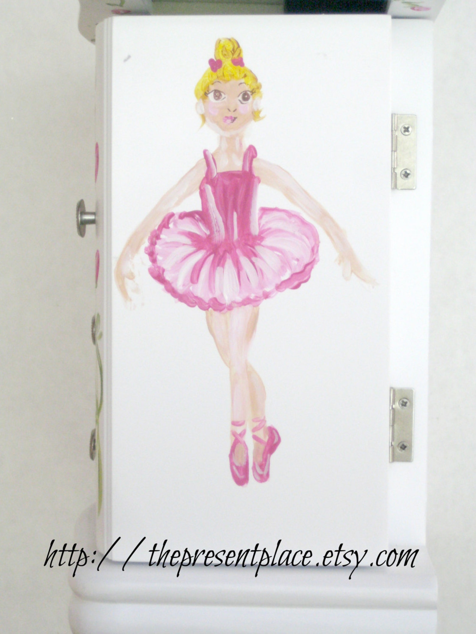 large white hanging jewelry box,four drawers,hand painted, ballerina,roses,ballet shoes,personalized jewelry box,girls jewelry b