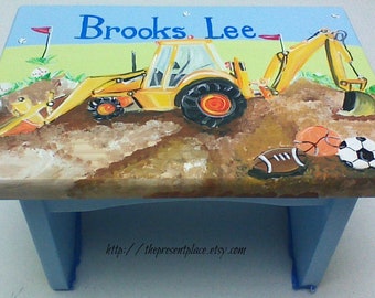 Personalized Construction Step Stool: Hand-Painted Earth Mover, Boy's Gift