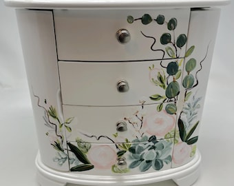 personalized musical jewelry box with cacti, eucalyptus leaves and roses