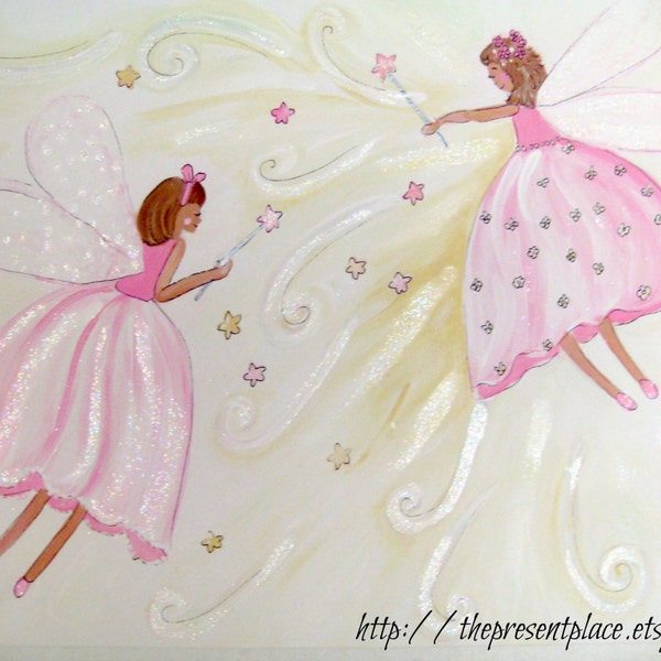 two pink fairies painting,matches fairy bedding,fairy painting,two fairies,two sisters,girls room decor,wall art,fairy wall art,kids art
